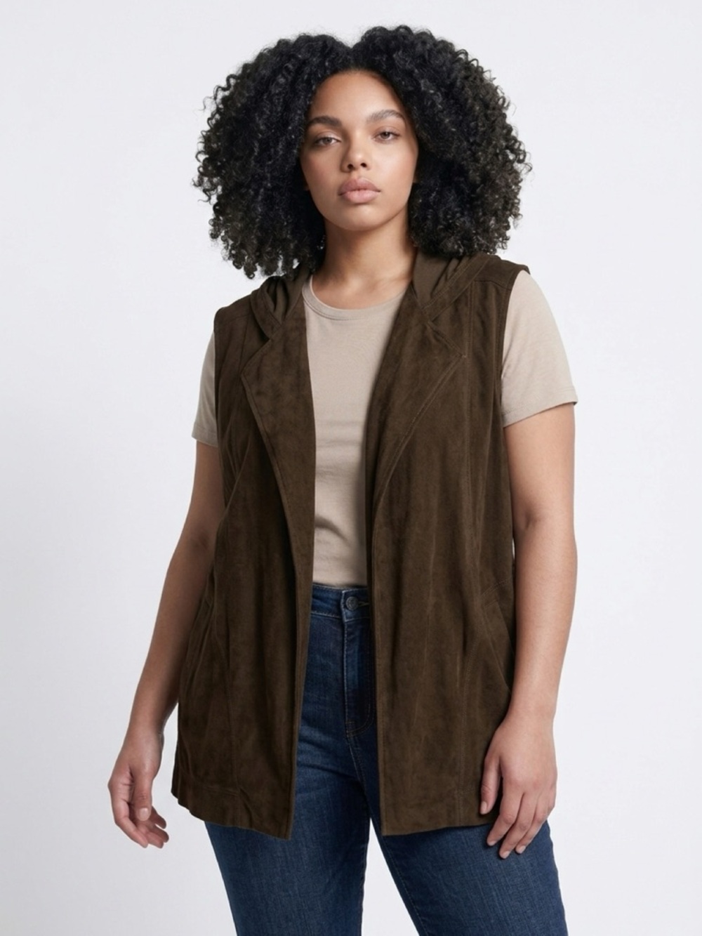 Chico's Hooded Suede-Look Sleeveless Vest - Brown